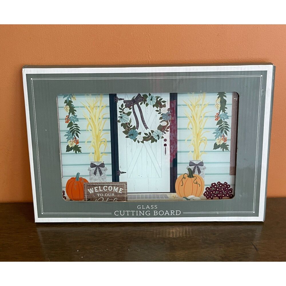 Nantucket Fall Glass Cutting Board 12x8 Pumpkin Farmhouse Autumn Kitchen Decor